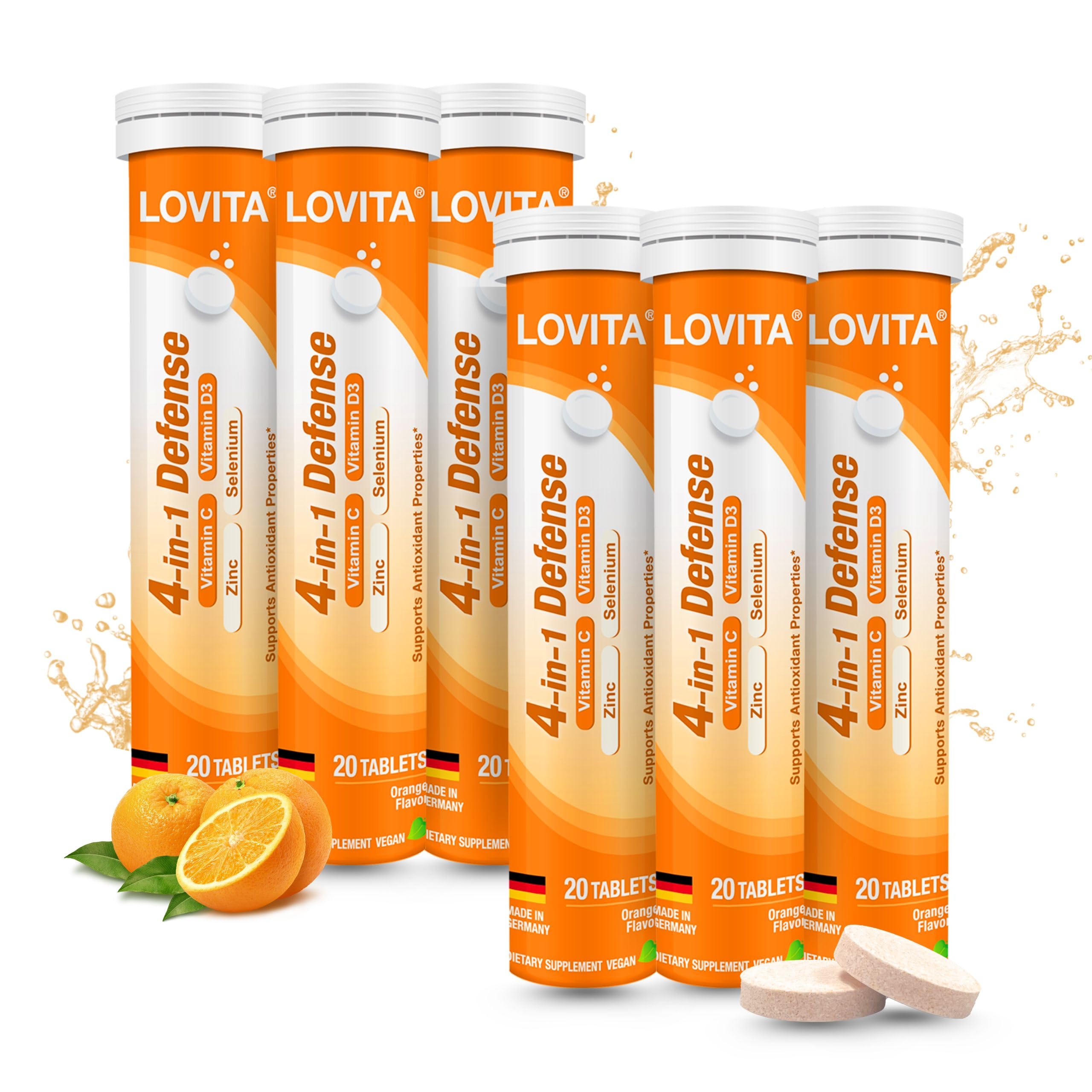 LOVITA 4-in-1 Defense Vitamin C Immune Support Effervescent Tablets 20 Count, VIT D3, Zinc, Selenium, Antioxidant Support, Orange Flavor, Vegan, Gluten-Free, Sugar-Free, Lactose-Free