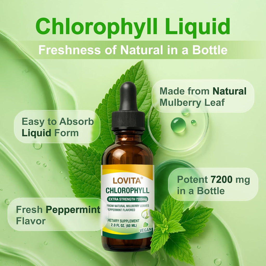 LOVITA Chlorophyll Liquid Drops, High Potency 120 mg/mL, 7,200 mg per Bottle, Natural Energy Booster & Immune Support, Internal Deodorant, Skin Health, Vegan & Non-GMO, Mint Flavor, 60 Servings 2 Oz