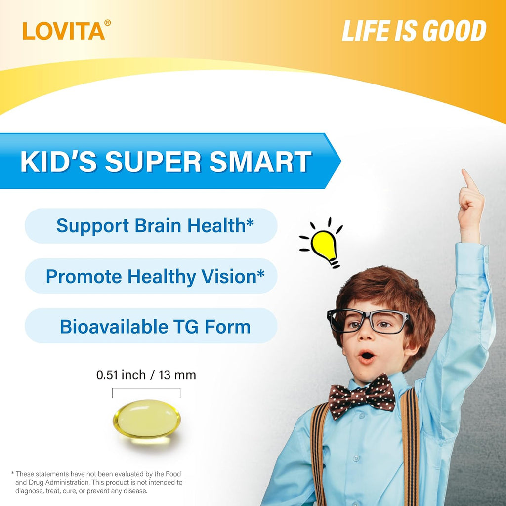 LOVITA Kid’s Super Smart, Omega-3 for Children, 180 mg Total DHA & EPA, Lemon Flavor Fish Oil, Support Brain & Vision Health, 30 Softgels