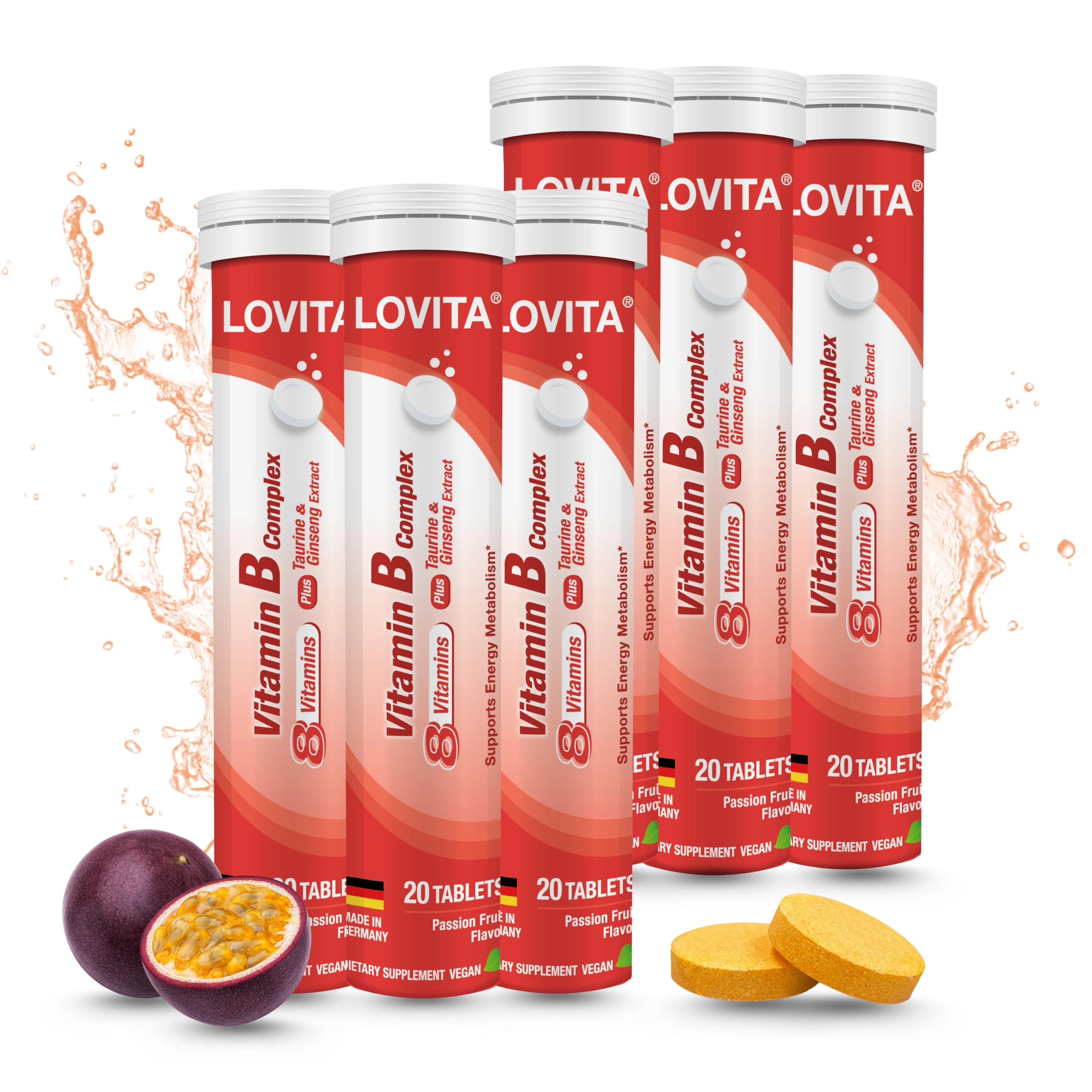 LOVITA Vitamin B Complex Effervescent Tablets 20 Count, Plus Taurine & Ginseng Extract, Supports Energy Metabolism, Passion Fruit Flavor, Vegan, Gluten-Free, Sugar-Free, Caffeine-Free