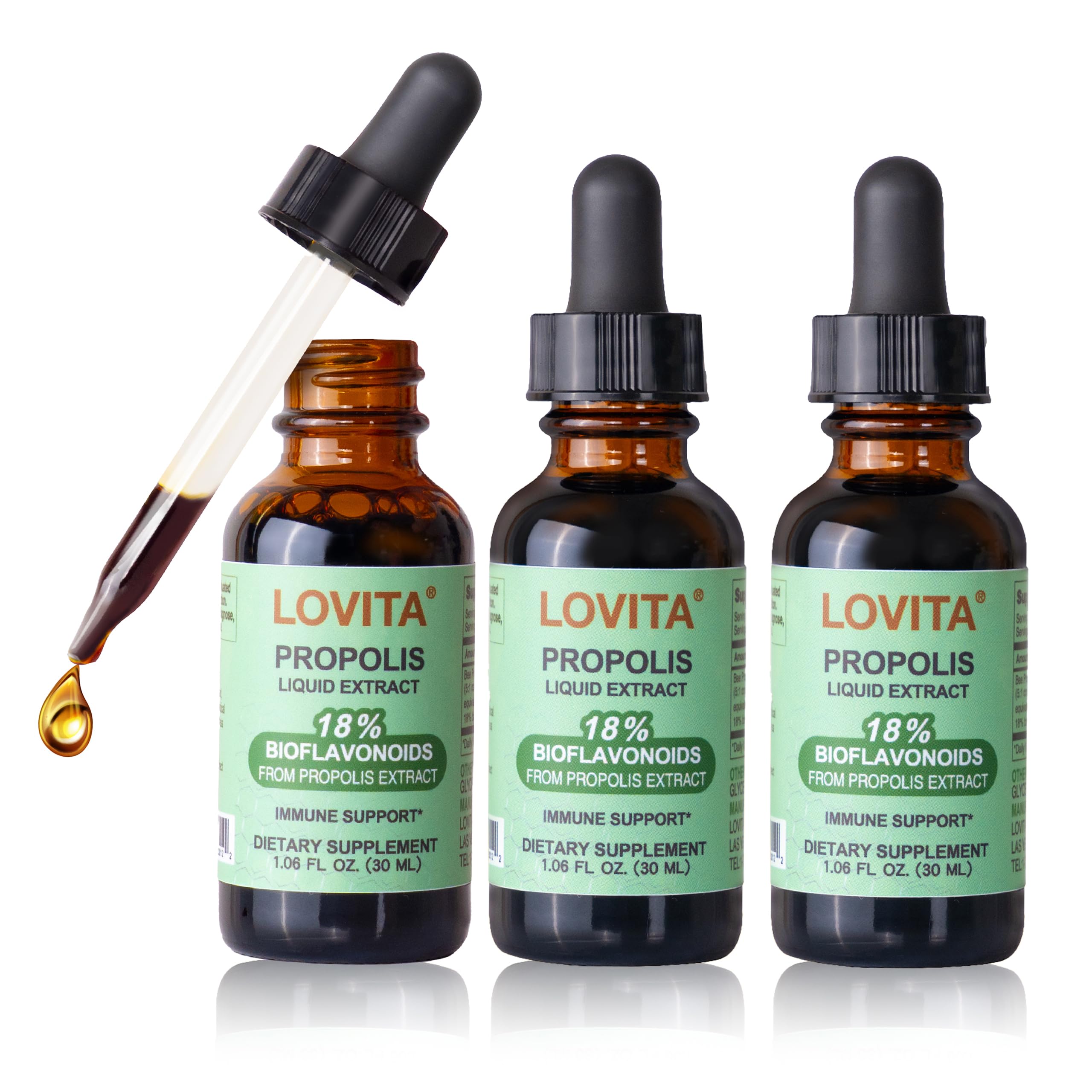 LOVITA Bee Propolis Liquid Extract, 1 Fl Oz (30 mL), 30 Day Supply | 5:1 Resin Drops with 18% Bioflavonoids, Alcohol-Free Antioxidant, Immune Support & Throat Soothing, Gluten-Free, Non-GMO