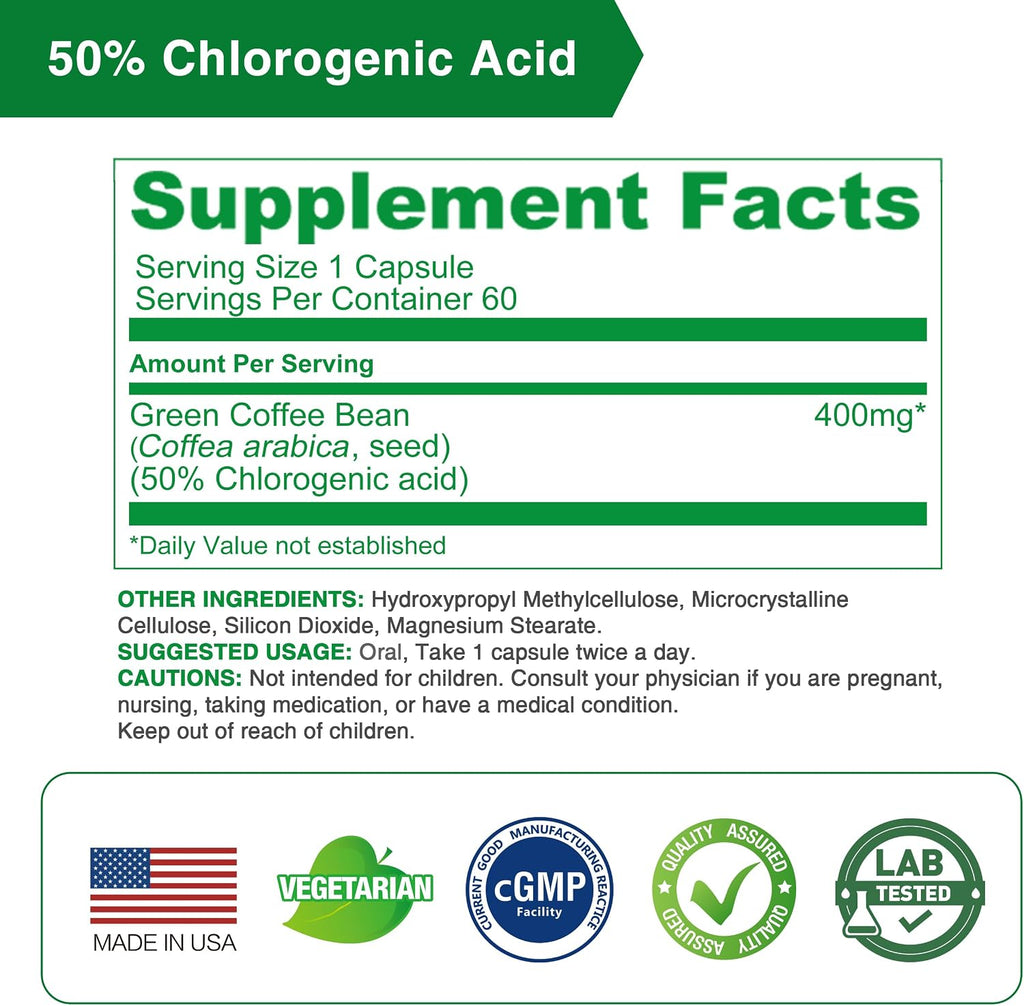 LOVITA Green Coffee Bean Extract, Standardized to 50% Chlorogenic Acids, 4:1 Concentrated for Metabolism, Natural Antioxidant & Size-Reduction Support, Plant-Based, 60 Vegan Capsules