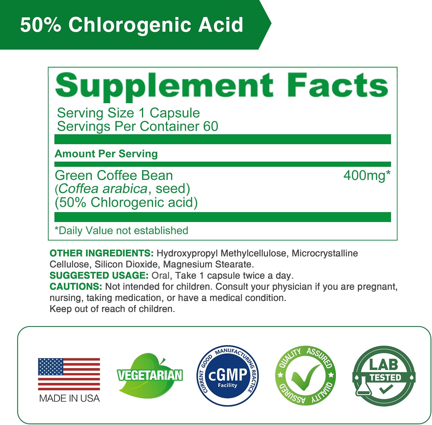 LOVITA Green Coffee Bean Extract, Standardized to 50% Chlorogenic Acids, 4:1 Concentrated for Metabolism, Natural Antioxidant & Size-Reduction Support, Plant-Based, 60 Vegan Capsules