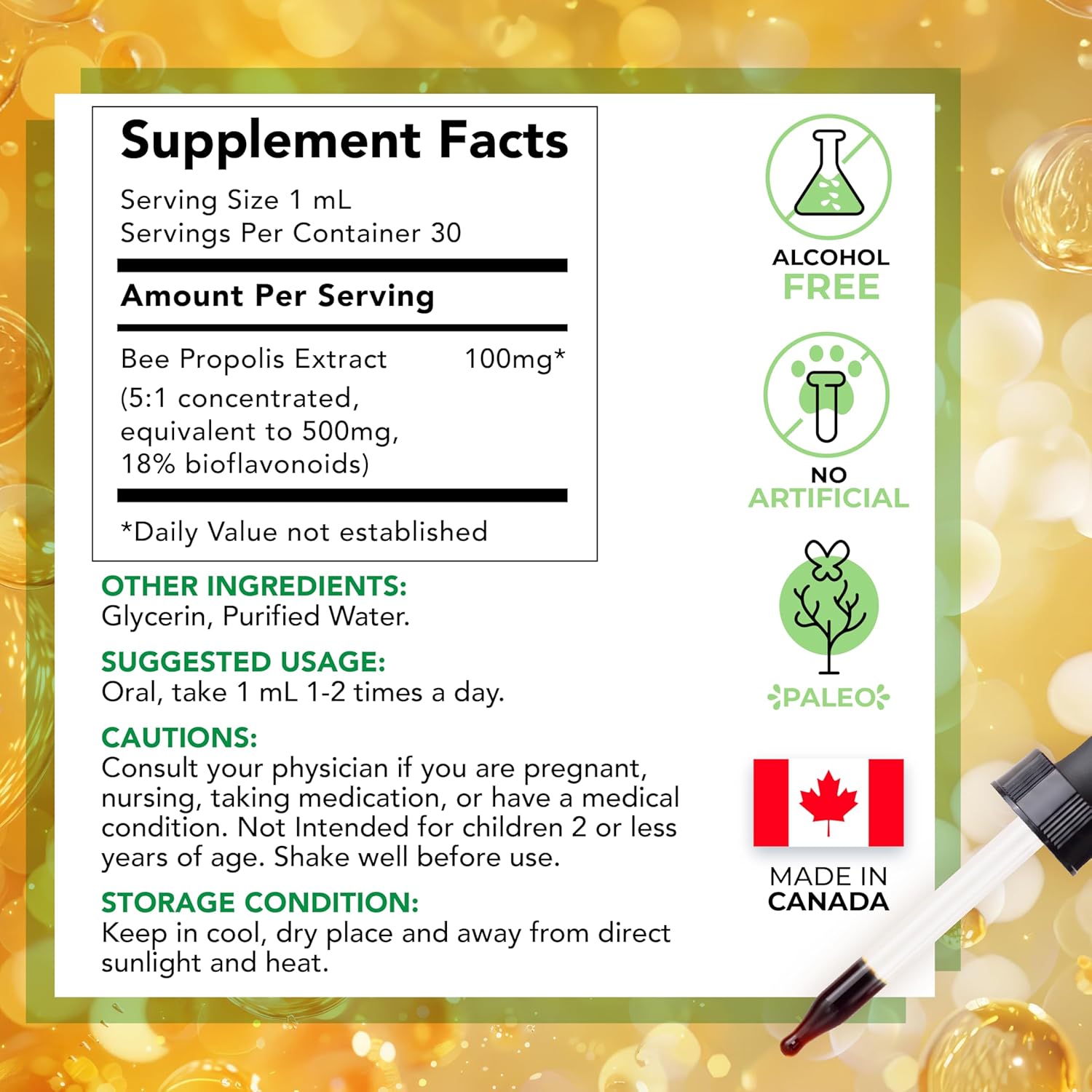 LOVITA Bee Propolis Liquid Extract, 1 Fl Oz (30 mL), 30 Day Supply | 5:1 Resin Drops with 18% Bioflavonoids, Alcohol-Free Antioxidant, Immune Support & Throat Soothing, Gluten-Free, Non-GMO