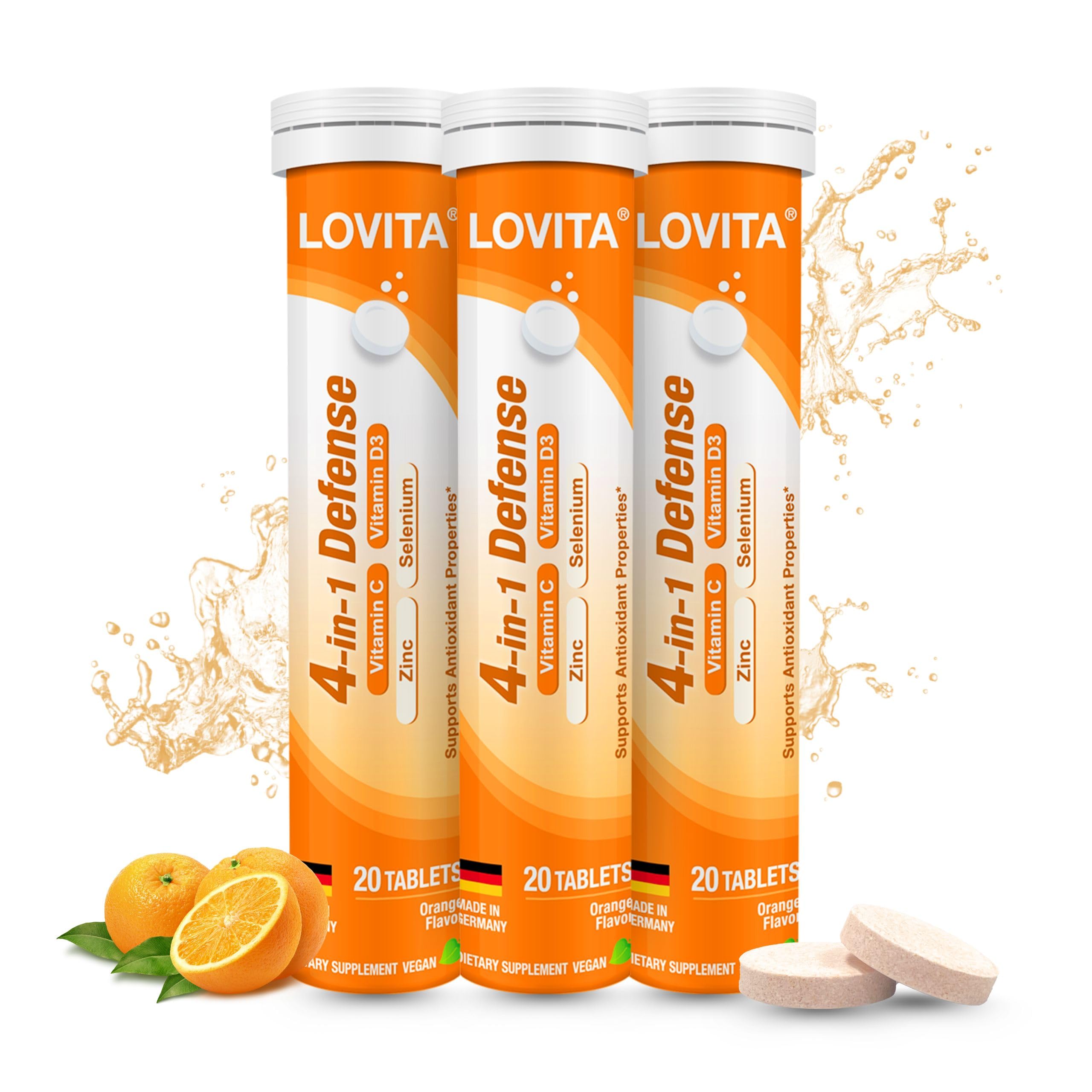 LOVITA 4-in-1 Defense Vitamin C Immune Support Effervescent Tablets 20 Count, VIT D3, Zinc, Selenium, Antioxidant Support, Orange Flavor, Vegan, Gluten-Free, Sugar-Free, Lactose-Free