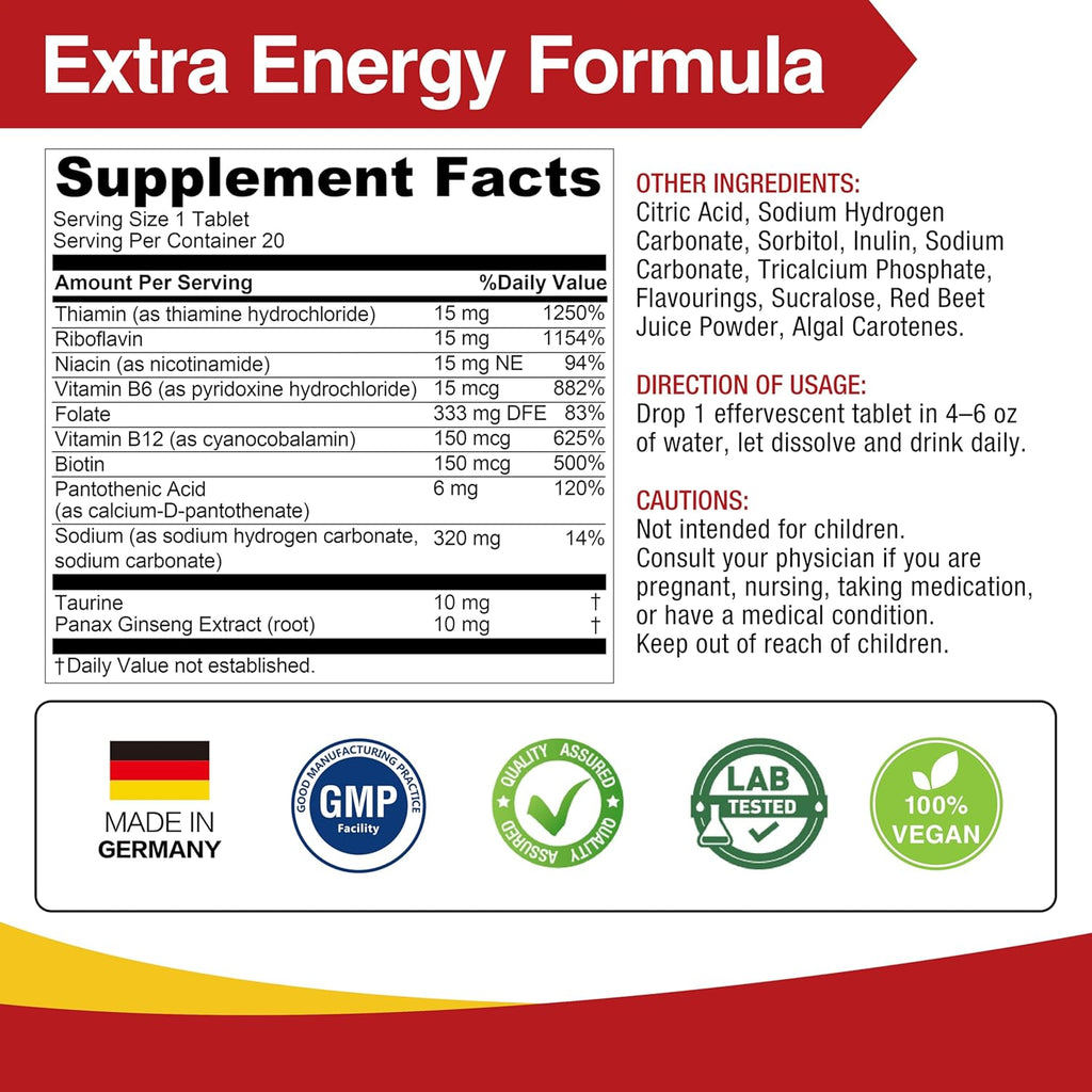 LOVITA Vitamin B Complex Effervescent Tablets 20 Count, Plus Taurine & Ginseng Extract, Supports Energy Metabolism, Passion Fruit Flavor, Vegan, Gluten-Free, Sugar-Free, Caffeine-Free