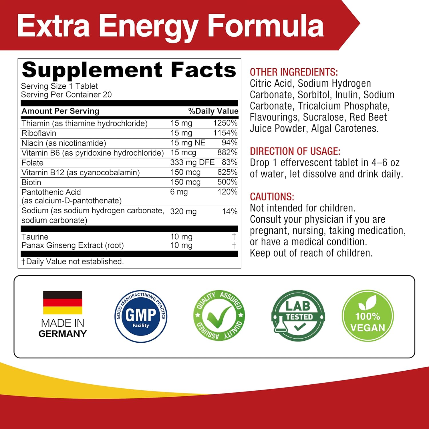 LOVITA Vitamin B Complex Effervescent Tablets 20 Count, Plus Taurine & Ginseng Extract, Supports Energy Metabolism, Passion Fruit Flavor, Vegan, Gluten-Free, Sugar-Free, Caffeine-Free