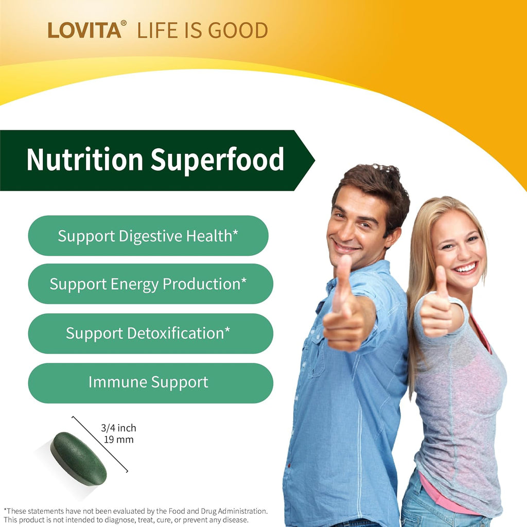 LOVITA Spirulina 1000 mg Tablets, Vegan Superfood, Supergreens, Non-GMO, with Vitamins, Minerals and GLA (Gamma-Linolenic Acid), Double Strength, Gluten-Free, 90 Count