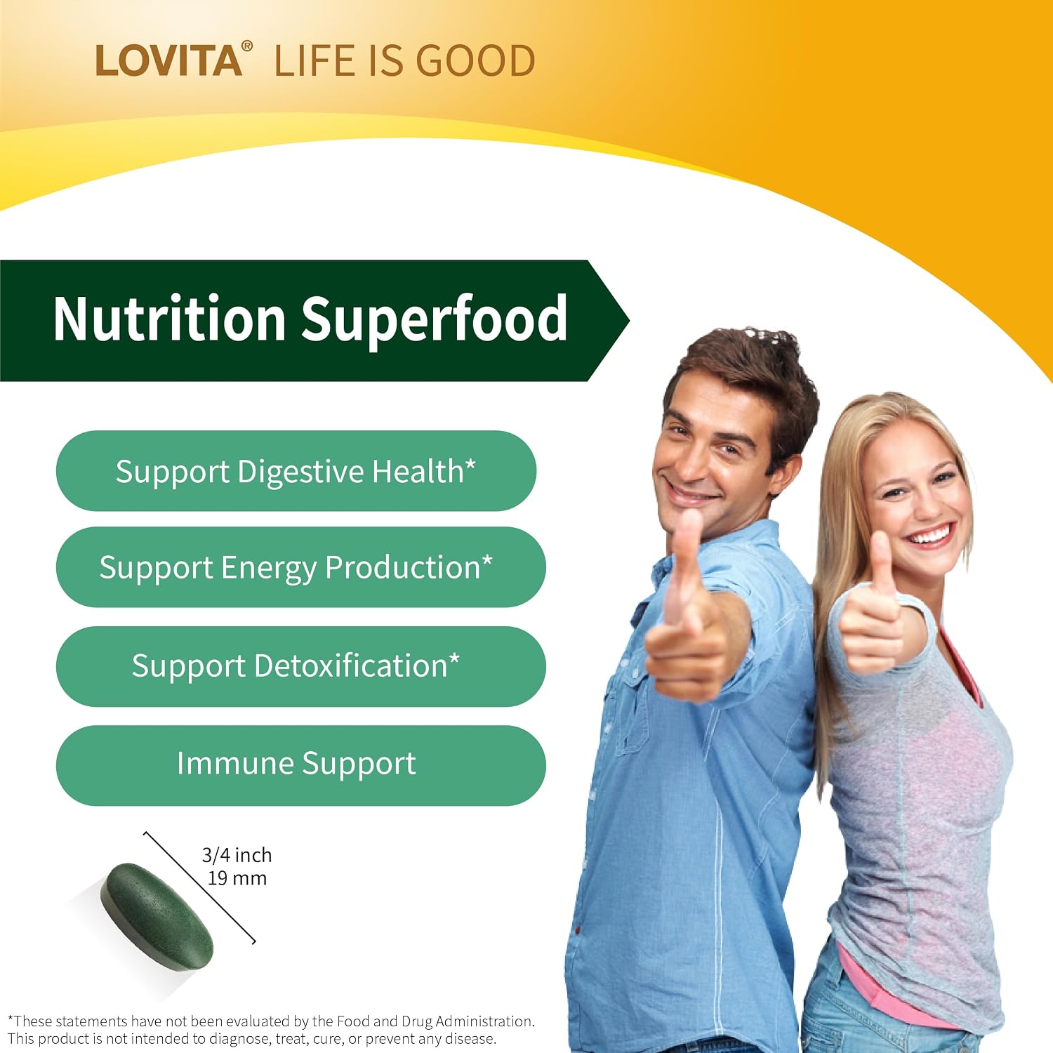 LOVITA Spirulina 1000 mg Tablets, Vegan Superfood, Supergreens, Non-GMO, with Vitamins, Minerals and GLA (Gamma-Linolenic Acid), Double Strength, Gluten-Free, 90 Count