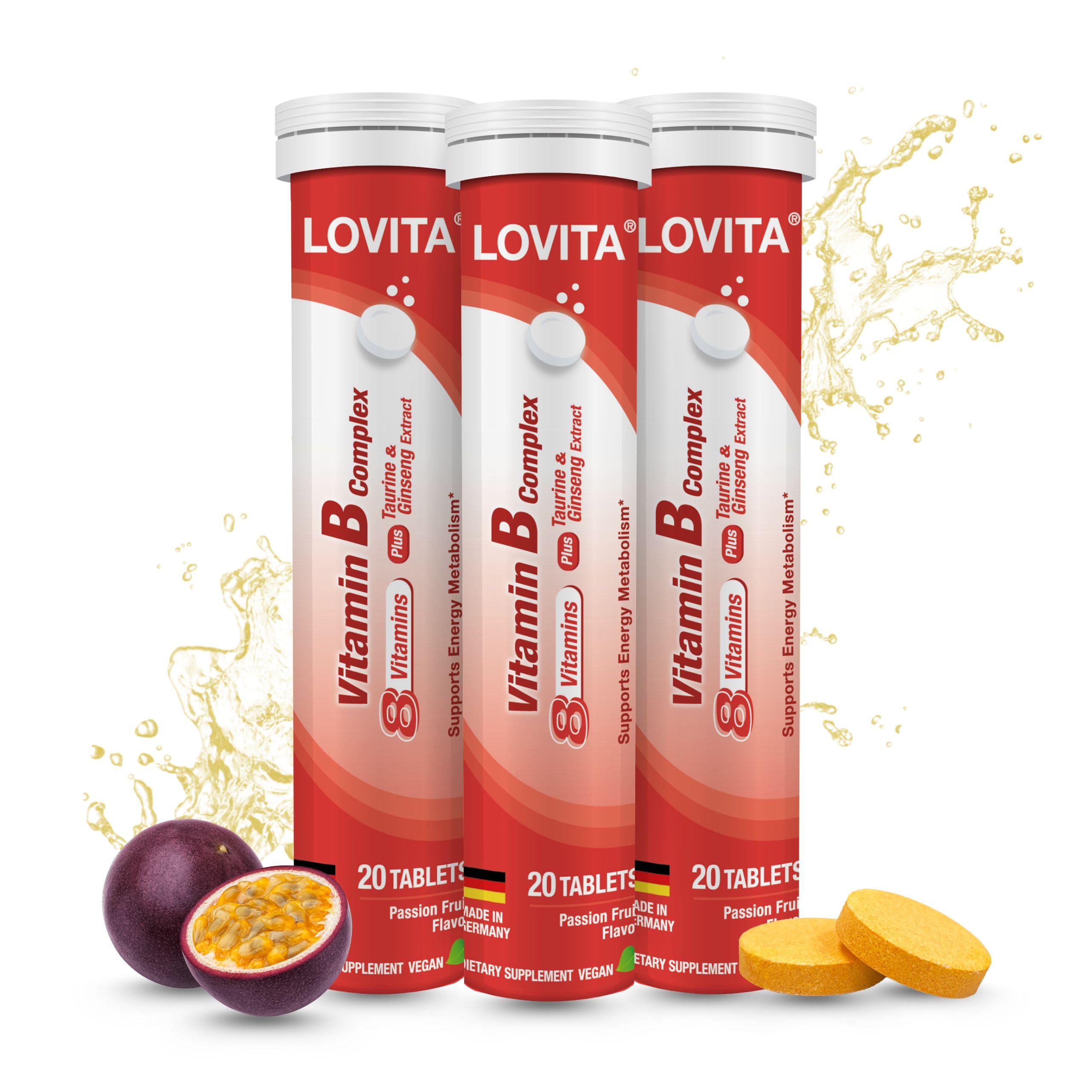 LOVITA Vitamin B Complex Effervescent Tablets 20 Count, Plus Taurine & Ginseng Extract, Supports Energy Metabolism, Passion Fruit Flavor, Vegan, Gluten-Free, Sugar-Free, Caffeine-Free